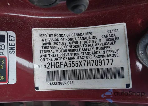 2007 Honda Civic Si z USA, uszkodzony, nr VIN 2HGFA555X7H709177